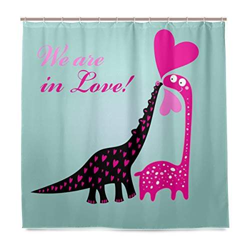 Emoya - Cortina de baño para el día de San Valentín, con Dos Dinosaurios, diseño de Corazones y Amor, Resistente al Moho, Lavable, poliéster, con Ganchos, 180 x 180 cm