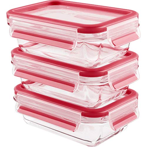 Emsa 517923 - Set de 3 fiambreras rectangulares de cristal, transparente y con tapas rojas, 17.5 x 12.5 x 5.9 cm, 3 unidades x 0.5 L