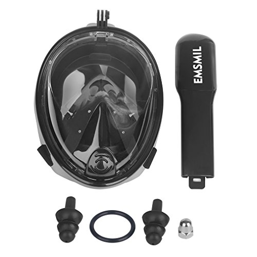 Emsmil Máscara de Buceo para Snorkel 180 Vista Panorámica Fácil Respiración Máscara Completa Anti-Niebla y Anti-Fugas Soporte Cámara GoPro con Bolsa de Teléfono Impermeable para Niños Adultos Negro