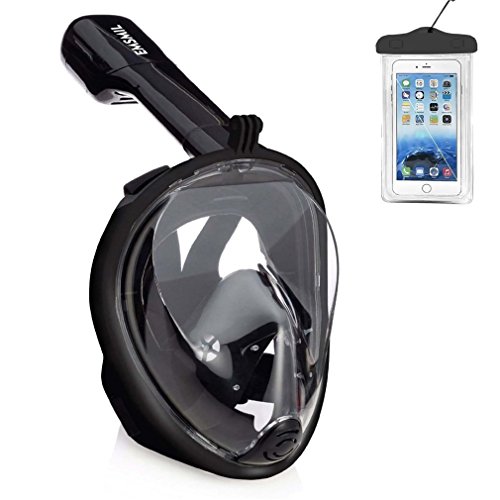 Emsmil Máscara de Buceo para Snorkel 180 Vista Panorámica Fácil Respiración Máscara Completa Anti-Niebla y Anti-Fugas Soporte Cámara GoPro con Bolsa de Teléfono Impermeable para Niños Adultos Negro