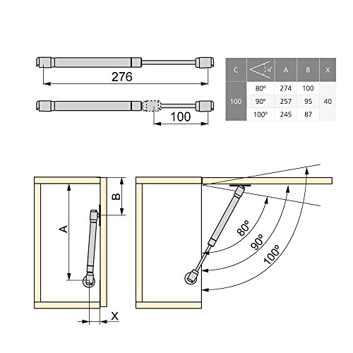 Emuca 1273425 Kit pistón amortiguador fuerza 8Kg carrera/recorrido 100mm para puertas elevables de mueble/cocina/baño, Gris (Peint Aluminium/Nickelé), 8 kg 100 mm (1 unidad)