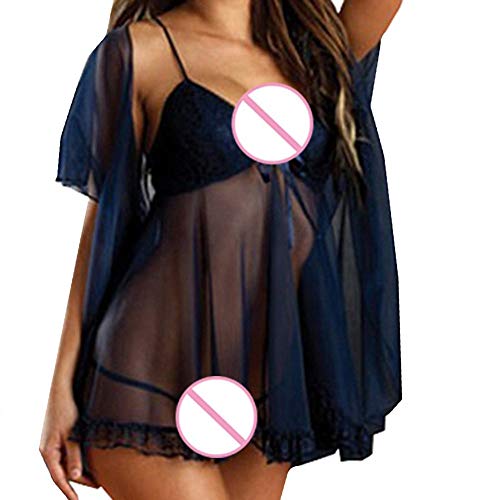 Encaje De Gran TamañO De Las Mujeres Ropa Interior EróTica Traje De Tres Piezas URIBAKY Sexy Malla TranslúCida Honda Profunda con Cuello En V Ropa De Dormir, Tanga Y Chal Conjunto De Ropa Interior