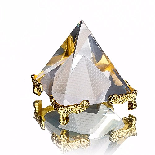 Energía pirámide de curación de cristal de cristal transparente con oro soporte Feng Shui figuras de Egipto egipcio miniaturas adornos Craft (50mm)