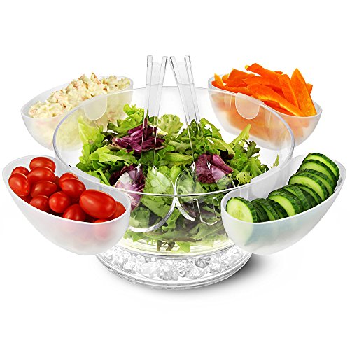 Ensaladera sobre hielo, ensaladera de acrílico, diseño con 4 platos laterales y cubiertos para servir ensalada, ensaladera