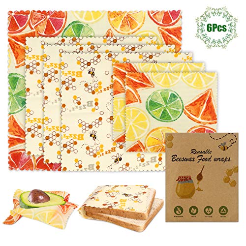 Envoltorio Cera De Abeja,6Pcs Envoltorios de Alimentos,Lavables Reutilizables Ecológicos sin Nada de Plástico, para Frutas, Sandwiches, Vegetales y Pan(3Tamaños: Mediano/Grande/Pequeño)