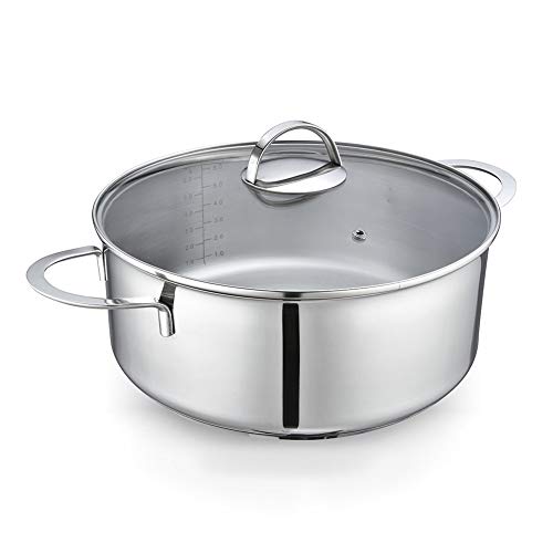 Eono by Amazon Cacerola grande baja para inducción de acero inoxidable con tapa de vidrio templado y apta para horno y lavavajillas, 28 cm, 6 L, TG-2811