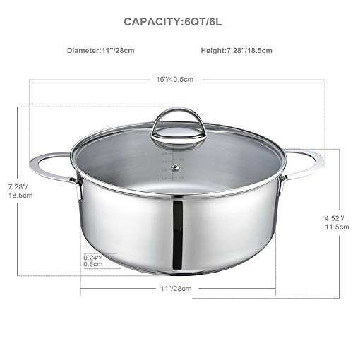 Eono by Amazon Cacerola grande baja para inducción de acero inoxidable con tapa de vidrio templado y apta para horno y lavavajillas, 28 cm, 6 L, TG-2811