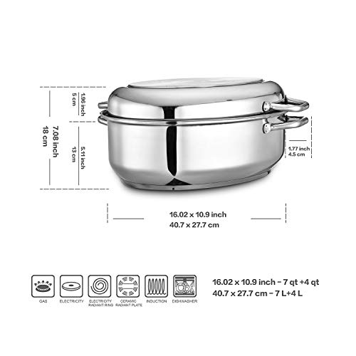 Eono by Amazon Fuente de horno ovalada mediana para inducción de acero inoxidable con rejilla, tapa y asas, apta para lavavajillas, 41 x 28 x 18 cm, 7 L + 4 L, RST-38