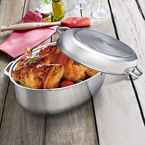 Eono by Amazon Fuente de horno ovalada mediana para inducción de acero inoxidable con rejilla, tapa y asas, apta para lavavajillas, 41 x 28 x 18 cm, 7 L + 4 L, RST-38