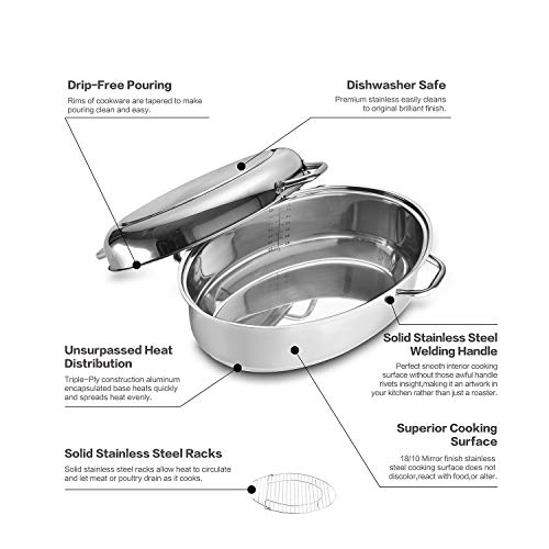 Eono by Amazon Fuente de horno ovalada mediana para inducción de acero inoxidable con rejilla, tapa y asas, apta para lavavajillas, 41 x 28 x 18 cm, 7 L + 4 L, RST-38