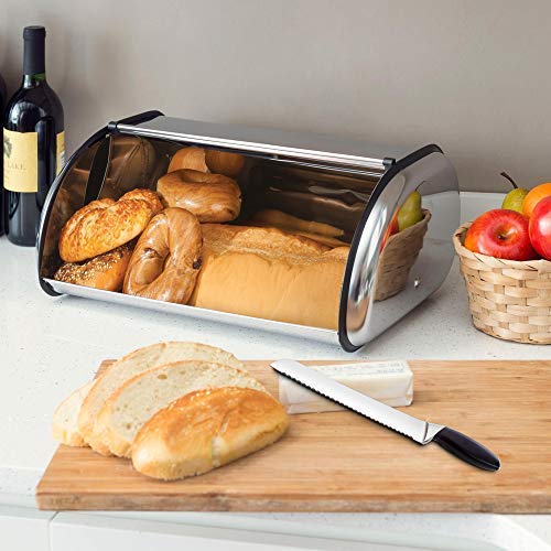 e!Orion Panera Acero Inoxidable, Panera de Metal, Caja de Pan Recipiente con Tapa y Agujeros de Ventilación, Almacenamiento de Cocina (35 x 24 x 16 cm)