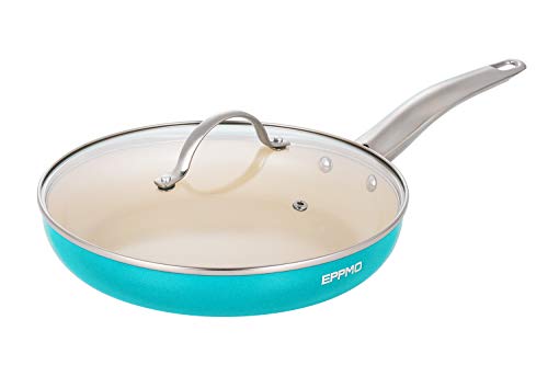 EPPMO Sartén Antiadherente de Aluminio 26cm sin PFOA, Sartén de Cerámica Resistente a Alta Temperatura con Tapa. Apto para todo tipo de Cocinas incluido Inducción, Azul Tiffany, Saltear Freir Asar