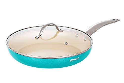 EPPMO Sartén Antiadherente de Aluminio 30cm sin PFOA, Sartén de Cerámica Resistente a Alta Temperatura con Tapa. Apto para todo tipo de Cocinas incluido Inducción, Azul Tiffany, Saltear Freir Asar