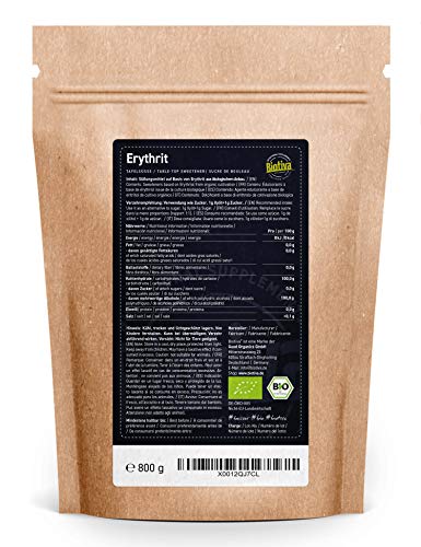 Eritritol orgánico 800 g - sustituto de azúcar sin calorías - endulzante de mesa para comidad y bebidas, para cocinar y para hornear - llenado y verificado en Alemania (DE-ÖKO-005)