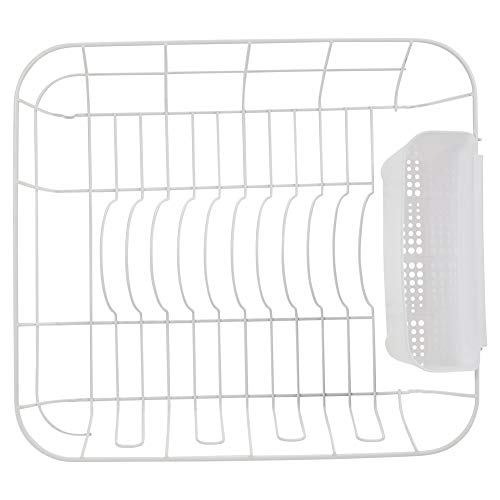 Escurridor de platos de metal sin óxido grande, 11 espacios para platos y cuencos, soporte para cubiertos de 4 secciones, 3 colores disponibles (blanco)