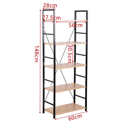 eSituro Estantería Librería Estante de Metal Estante de Cocina Estante de Almacenamiento de Organizador Multifuncional para Libros Plantas con 5 Estantes Metal + MDF 60x28x148CM SSTR0048