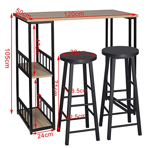 eSituro Juegos de Muebles Altas 1 Comedor Mesa y 2 Taburetes de Bar, Mesa de Bar Mesa de Cafetería Barra Cocina con Estructura de Metal con 2 Estantes 120x50x105cm Roble Claro SBST0401+SBST0329-2