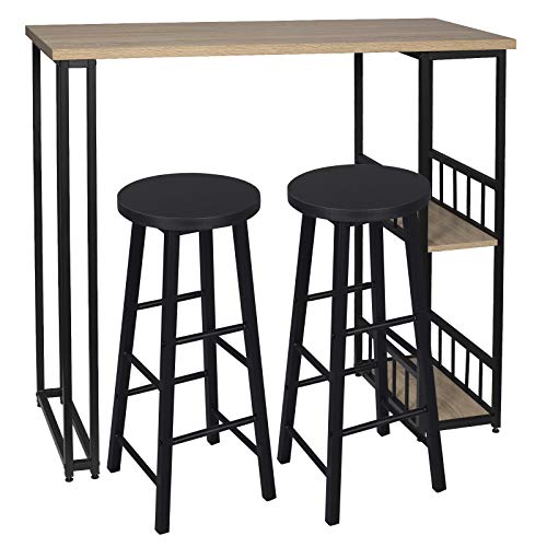 eSituro Juegos de Muebles Altas 1 Comedor Mesa y 2 Taburetes de Bar, Mesa de Bar Mesa de Cafetería Barra Cocina con Estructura de Metal con 2 Estantes 120x50x105cm Roble Claro SBST0401+SBST0329-2