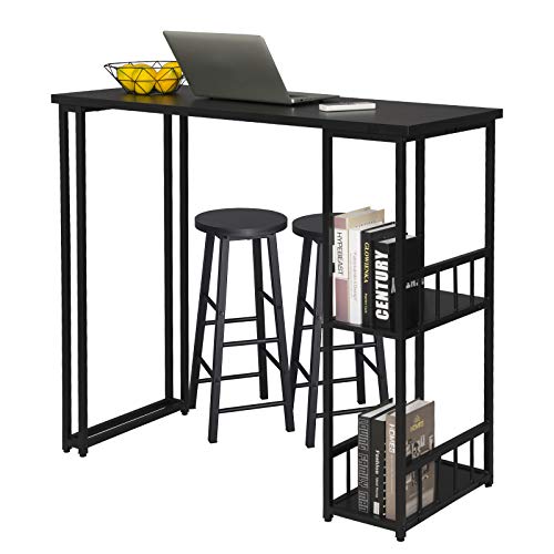 eSituro Juegos de Muebles Altas 1 Comedor Mesa y 2 Taburetes de Bar, Mesa de Bar Mesa de Cafetería Barra Cocina con Estructura de Metal con 2 Estantes 120x50x105cm Negro SBST0400+SBST0329-2