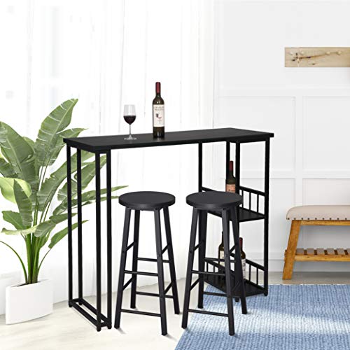 eSituro Juegos de Muebles Altas 1 Comedor Mesa y 2 Taburetes de Bar, Mesa de Bar Mesa de Cafetería Barra Cocina con Estructura de Metal con 2 Estantes 120x50x105cm Negro SBST0400+SBST0329-2