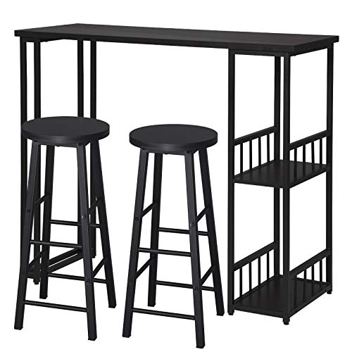 eSituro Juegos de Muebles Altas 1 Comedor Mesa y 2 Taburetes de Bar, Mesa de Bar Mesa de Cafetería Barra Cocina con Estructura de Metal con 2 Estantes 120x50x105cm Negro SBST0400+SBST0329-2