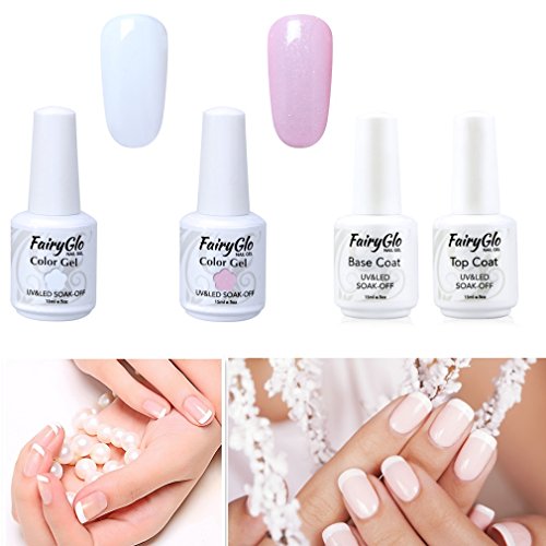 Esmalte de Uñas Semipermanentes Kit Uñas de Gel UV LED para Manicura Francesa 4pcs Kit con Base Coat Top Coat 1pcs Tip Guides Soak off Manicura y Pedicura 15ml de Fairyglo