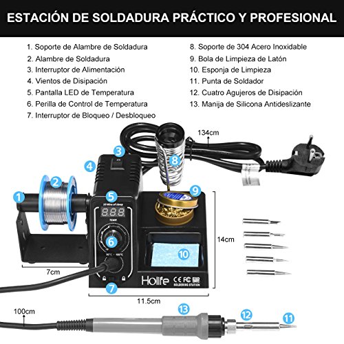 Estación de Soldadura, HoLife 60W Digital 90-480℃ Kit del Soldador Eléctrico con 5 PCS Puntas , Hilo de Estaño, Pantalla LED, Suspensión Automatica, Soldador Hierro del ESD, Bloqueo Temperatura