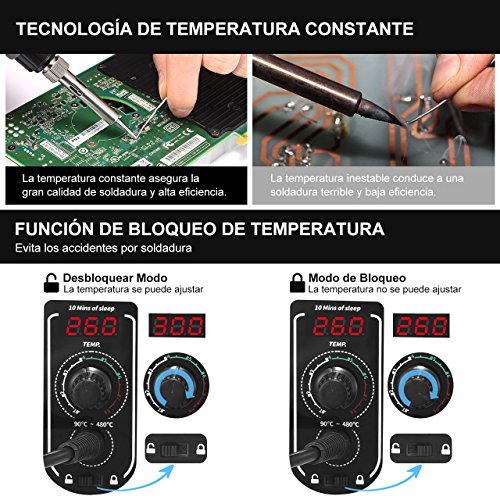 Estación de Soldadura, HoLife 60W Digital 90-480℃ Kit del Soldador Eléctrico con 5 PCS Puntas , Hilo de Estaño, Pantalla LED, Suspensión Automatica, Soldador Hierro del ESD, Bloqueo Temperatura