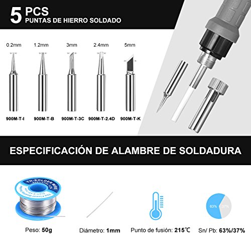 Estación de Soldadura, HoLife 60W Digital 90-480℃ Kit del Soldador Eléctrico con 5 PCS Puntas , Hilo de Estaño, Pantalla LED, Suspensión Automatica, Soldador Hierro del ESD, Bloqueo Temperatura