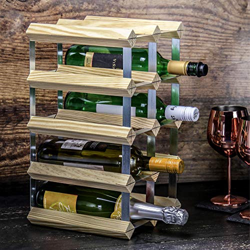 Estante para vino de madera y metal | Bastidor industrial 4x2 | 10-12 botellas de capacidad | Champaña, vino y botellas de alcohol | M&W