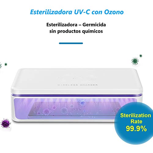 Esterilizadora UV-C con Ozono + Cargador inalámbrico Móvil Qi, esterilizar y desinfectar mascarillas y filtros PM2.5