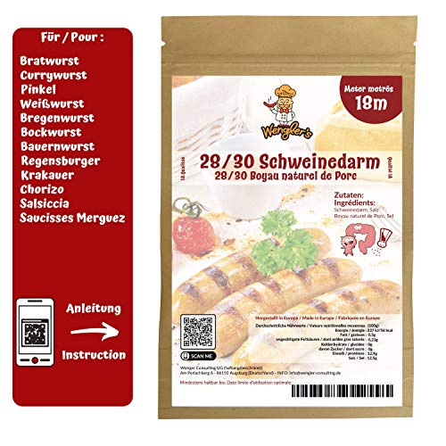 Estuche de Tripas de Cerdo 28/30 Wengler Equiparable a Las de carnicería - Resistente a la cocción - Apto para ahumar y Barbacoa (18m (28/30))