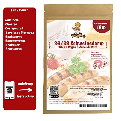 Estuche de Tripas de Cerdo 36/38 Wengler (18M) Equiparable a Las de carnicería - Resistente a la cocción - Apto para ahumar y Barbacoa
