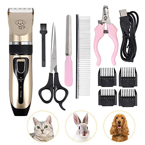 eSynic Cortapelos para Perros y Gato Tijeras Electronicas Afeitadora Eléctrica Profesional con 4 Combs el Cuchillo Fijo de Titanio Previene Las Alergias en la Piel para Mascotas Perros