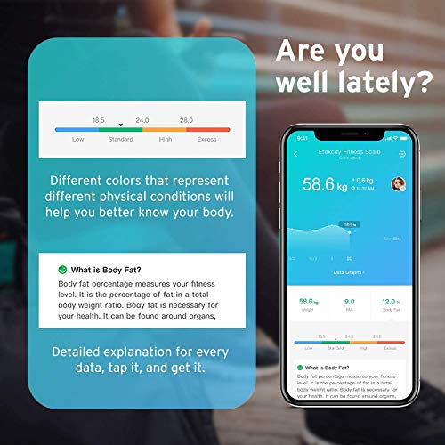 Etekcity Báscula Grasa Corporal Báscula de Baño Bluetooth Analizar 12 Funciones, Monitores de Composición con Superficie Grande de Pesaje y Medición de Alta Precisión, Android y iOS, ESF37