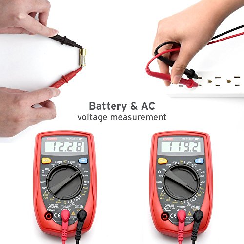 Etekcity MSR-R500 Multímetro Digital para Medir DC/AC Voltaje, Tención, Corriente, Diodo y Continuidad Audible, y Resistencia, con LCD Retroiluminación, 9V Batería, Cables de Prueba y Protección de Sobrecarga Incluidos, Rojo