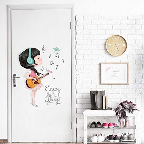 Etiqueta de la pared hermosa 3D Carta Muchacha de la guitarra de dibujos animados, bricolaje arte moderno casera del PVC fondo de pantalla, for la niña de Corredor de habitaciones decoración 45x60cm