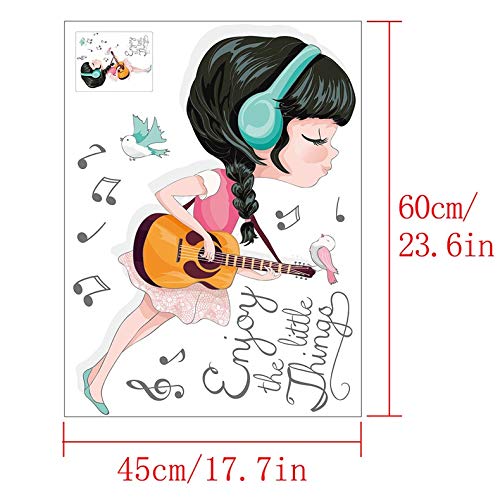 Etiqueta de la pared hermosa 3D Carta Muchacha de la guitarra de dibujos animados, bricolaje arte moderno casera del PVC fondo de pantalla, for la niña de Corredor de habitaciones decoración 45x60cm