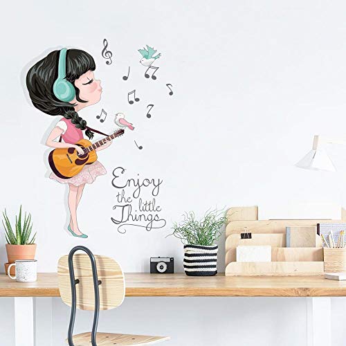 Etiqueta de la pared hermosa 3D Carta Muchacha de la guitarra de dibujos animados, bricolaje arte moderno casera del PVC fondo de pantalla, for la niña de Corredor de habitaciones decoración 45x60cm