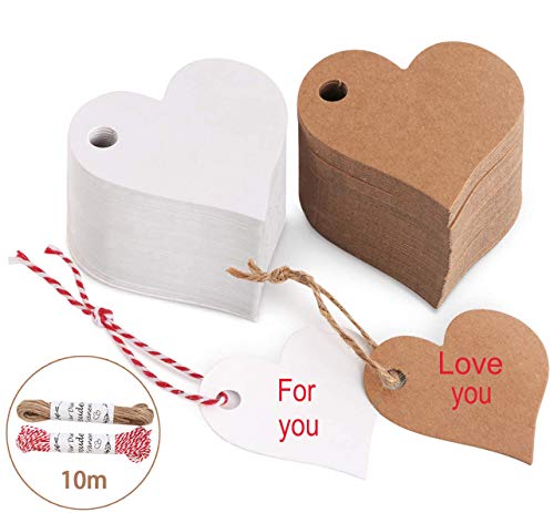 Etiquetas Kraft Corazon, 200 Piezas Papel Kraft Etiquetas para Etiquetas de Favor de Bodas, cumpleaños y Navidad,Etiquetas de Precio,cuerda de cáñamo de 20m