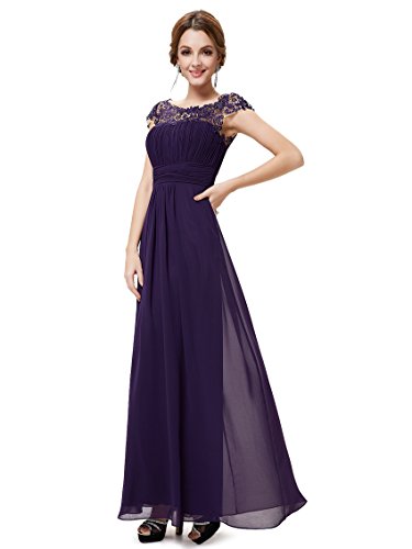 Ever-Pretty Vestido de Fiesta Encaje Gasa Cuello Redondo Corte Imperio A-línea para Mujer Morado Oscuro 36