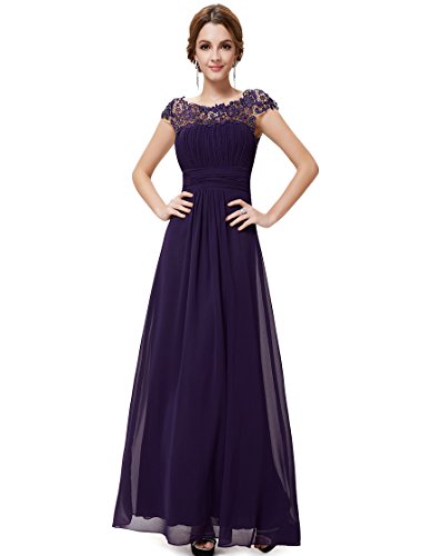 Ever-Pretty Vestido de Fiesta Encaje Gasa Cuello Redondo Corte Imperio A-línea para Mujer Morado Oscuro 36