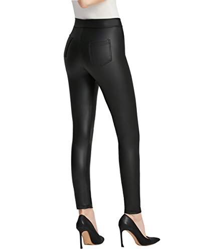 Everbellus Mujer Sexy Negro Leggins Cuero con Bolsillo Skinny Elástico Pantalón Pequeña