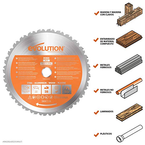 Evolution Power Tools - Hoja de sierra multiuso con punta de acero de carburo RAGE, 255 mm