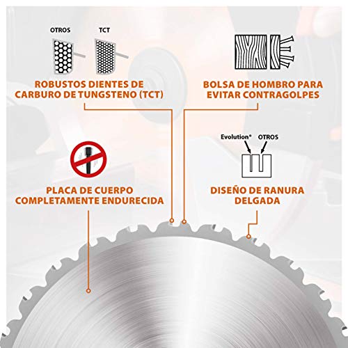 Evolution Power Tools - Hoja de sierra multiuso con punta de acero de carburo RAGE, 255 mm