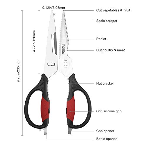 Ewilibe Tijeras de cocina de 23,5 cm tijeras para carne, nogal, pescado, papel, apertura de botellas de acero inoxidable (tijeras de cocina)