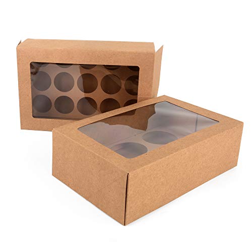 ewtshop® 12 cajas para cupcakes de papel kraft con ventana para 2 tamaños diferentes