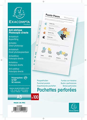 Exacompta 51000E - Bolsa de 100 fundas perforadas (polipropileno granulado 5/100e para archivar documentos A5, 14,8 x 21 cm), color transparente