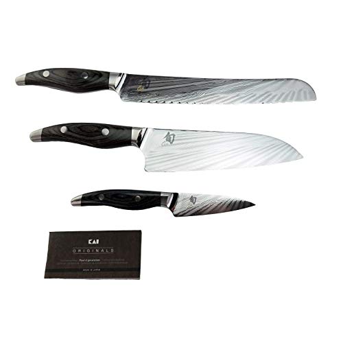 Exclusivo bloque de cuchillos hecho a mano de vieja fachada con 3 cuchillos de Damasco afilados Kai Shun Nagare NDC-0700 (cuchillo de oficina) + NDC-0702 (Santoku) de NDC-0705 (cuchillo de pan)
