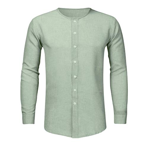 Explosión Otoño Moda Color Sólido El Botón Cuello Redondo Mezcla De Algodón Hombre Manga Larga Camisa Ocio Cárdigans Hombre Tops Camisetas A orillas del mar Al Aire Libre Hombre Ropa MEIbax